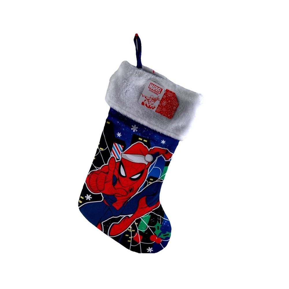 Marvel Spider-Man Christmas Stocking Blue Red Santa Hat Plush Cuff 15 Inch NWT